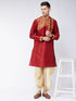 Vastramay Men's Maroon And Gold Silk Blend Kurta and Dhoti Set